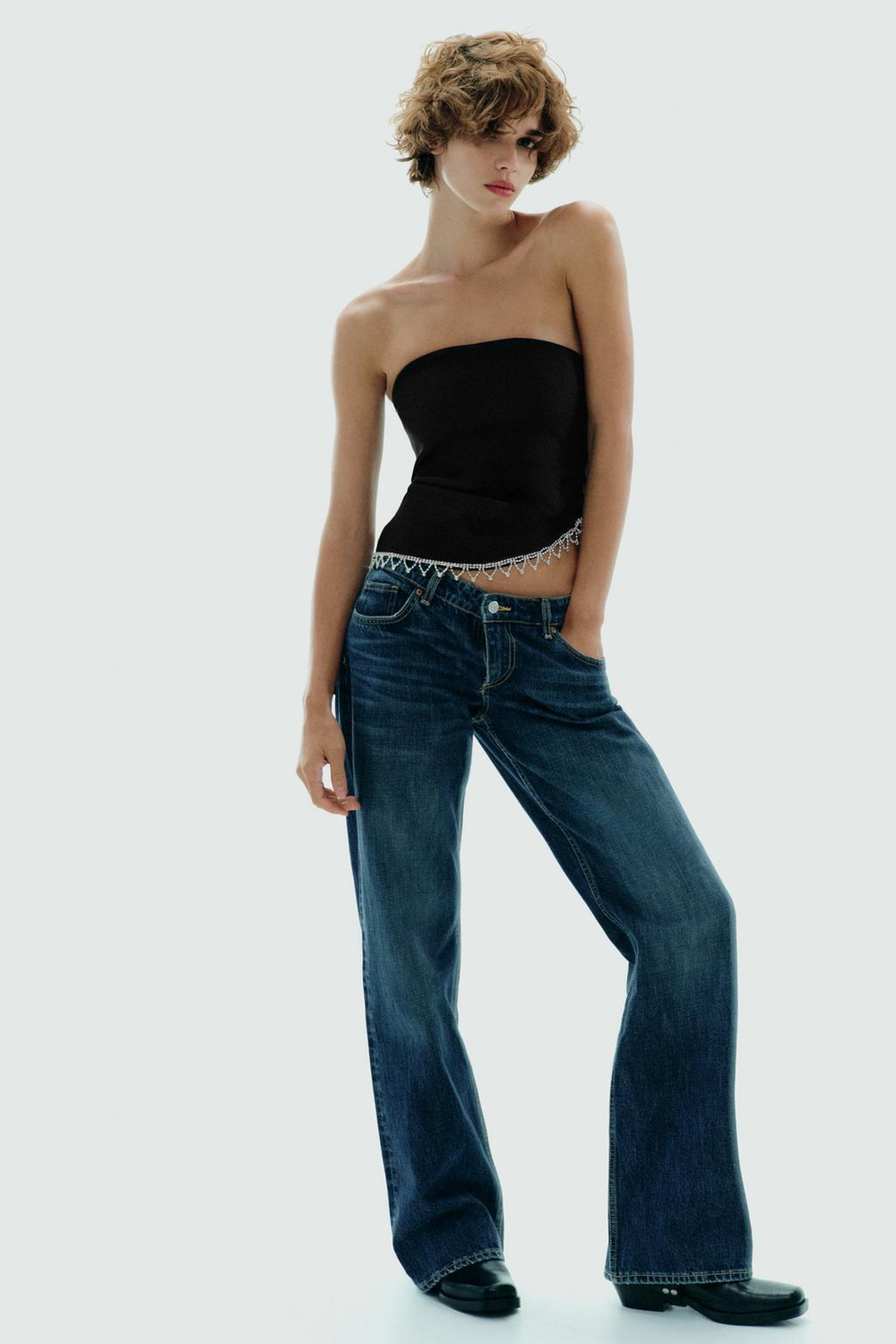 ZARA ТОП БЕЗ БРЕТЕЛЕЙ С ОТДЕЛКОЙ ДРАГОЦЕННОСТЯМИ, ЧЕРНЫЙ