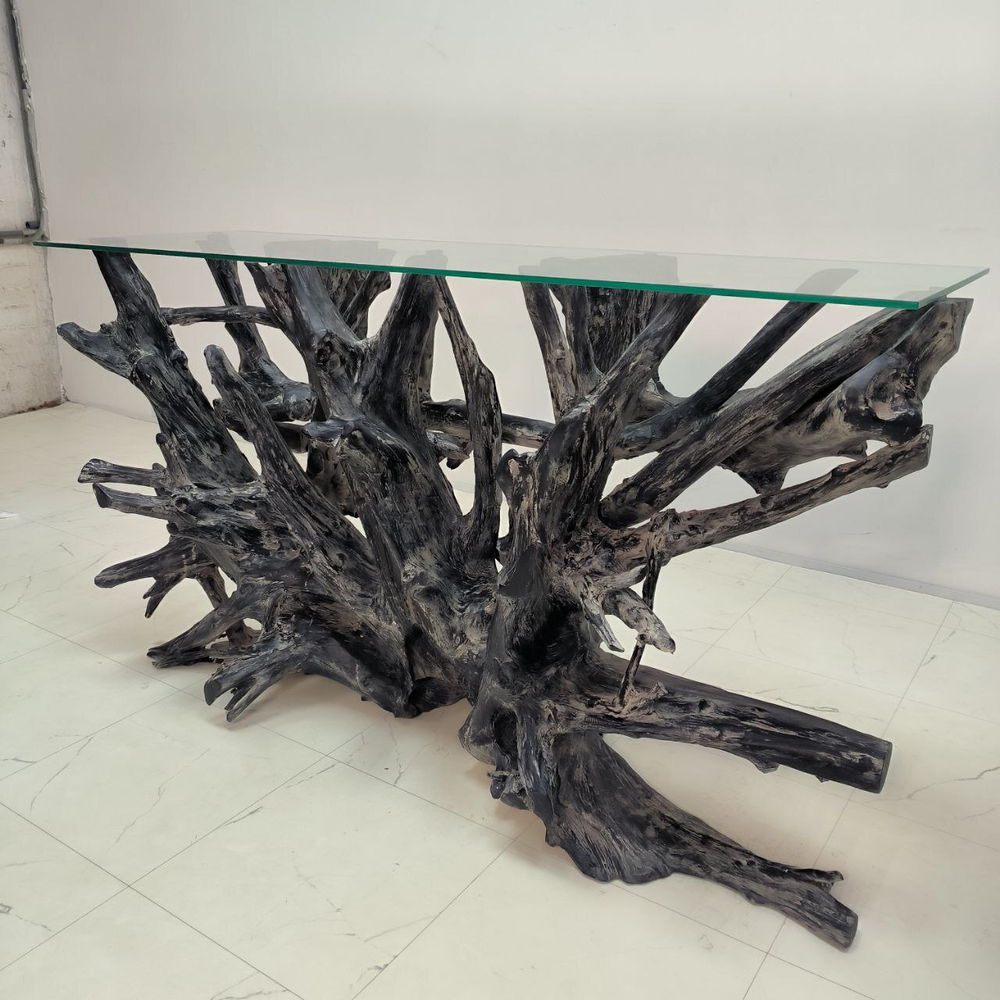 Консоль из корня тикового дерева 50108 Путри со стеклом (150*47*85)