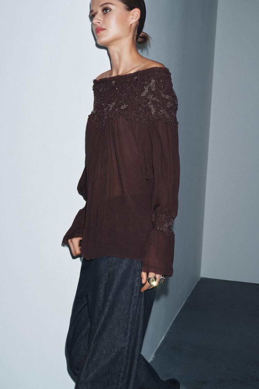 ZARA БЛУЗА С ВЫШИВКОЙ, БАКЛАЖАННЫЙ