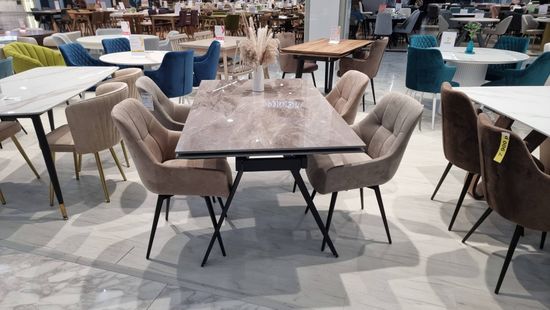 Стол "РЕЙН" 160-240, керамика Italian Light Grey глянцевый, опоры черный муар