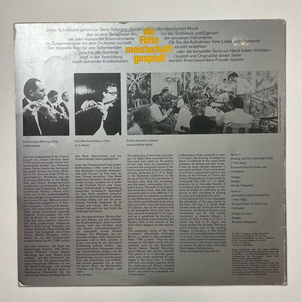 Винтажная виниловая пластинка LP Han Jurgen Mohring Die Flote Meisterhaft Gespielt Konzert D dur Fur Flote Und Orchester (Germany 1972)