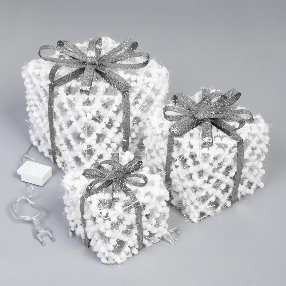 Фигура светодиодная «Подарок от Санты» (набор 3 шт: 12см, 15см, 19см), 220V, Серебро (свечение - Теплый белый)