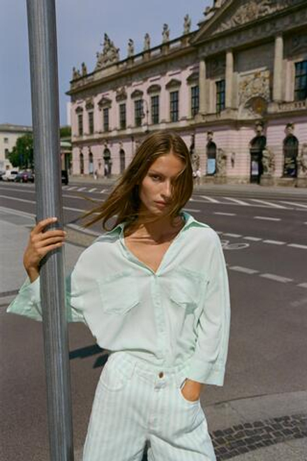 ZARA ЛЬНЯНАЯ РУБАШКА СВОБОДНОГО КРОЯ, МЯТНЫЙ