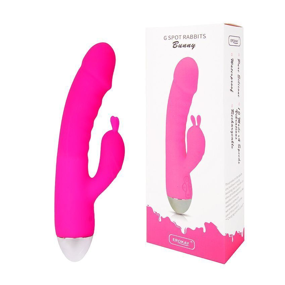 Розовый силиконовый вибромассажер с отростком для стимуляции клитора - 22 см. (Цвет: розовый)