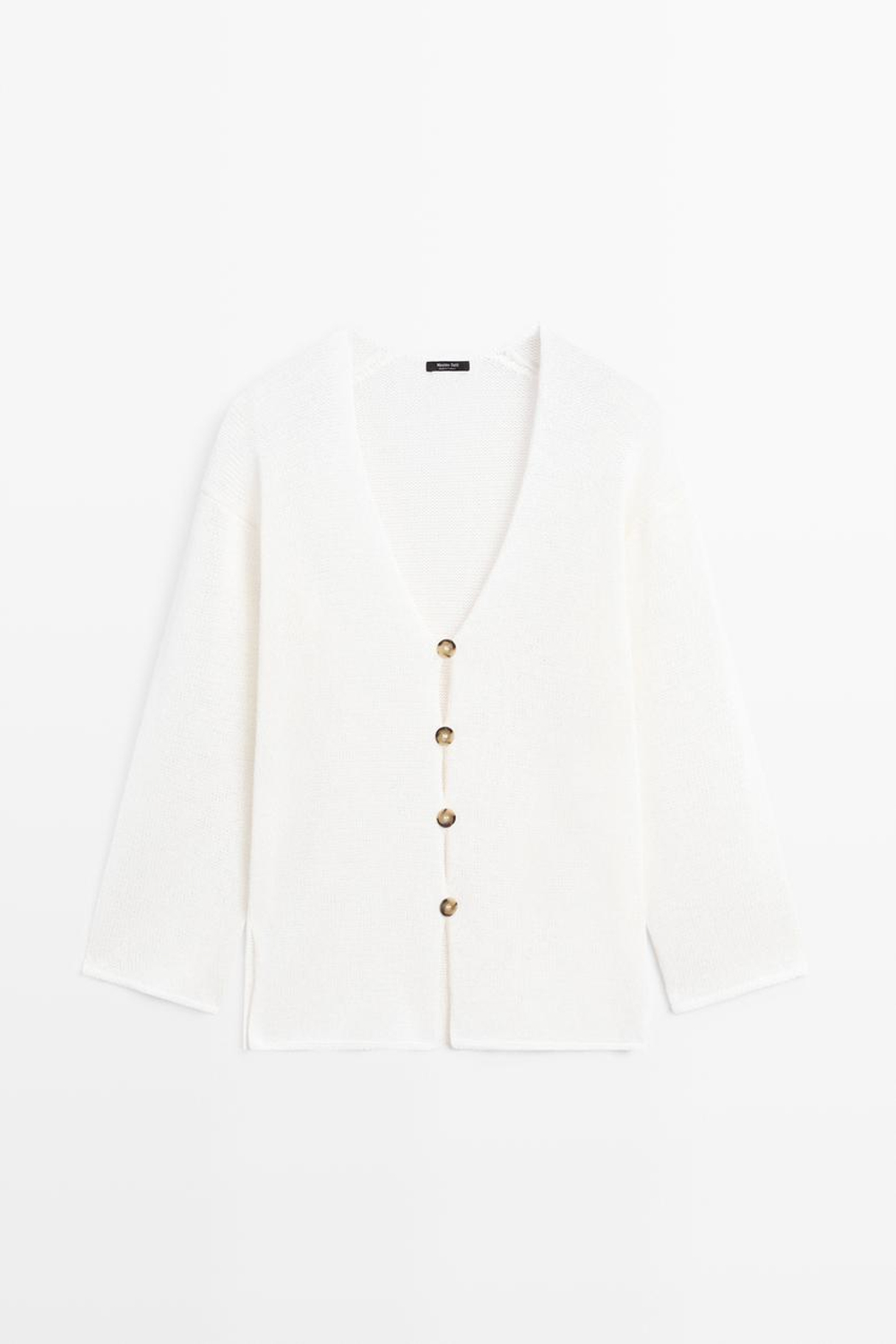 Massimo Dutti Длинный вязаный кардиган с V-образным вырезом, белый