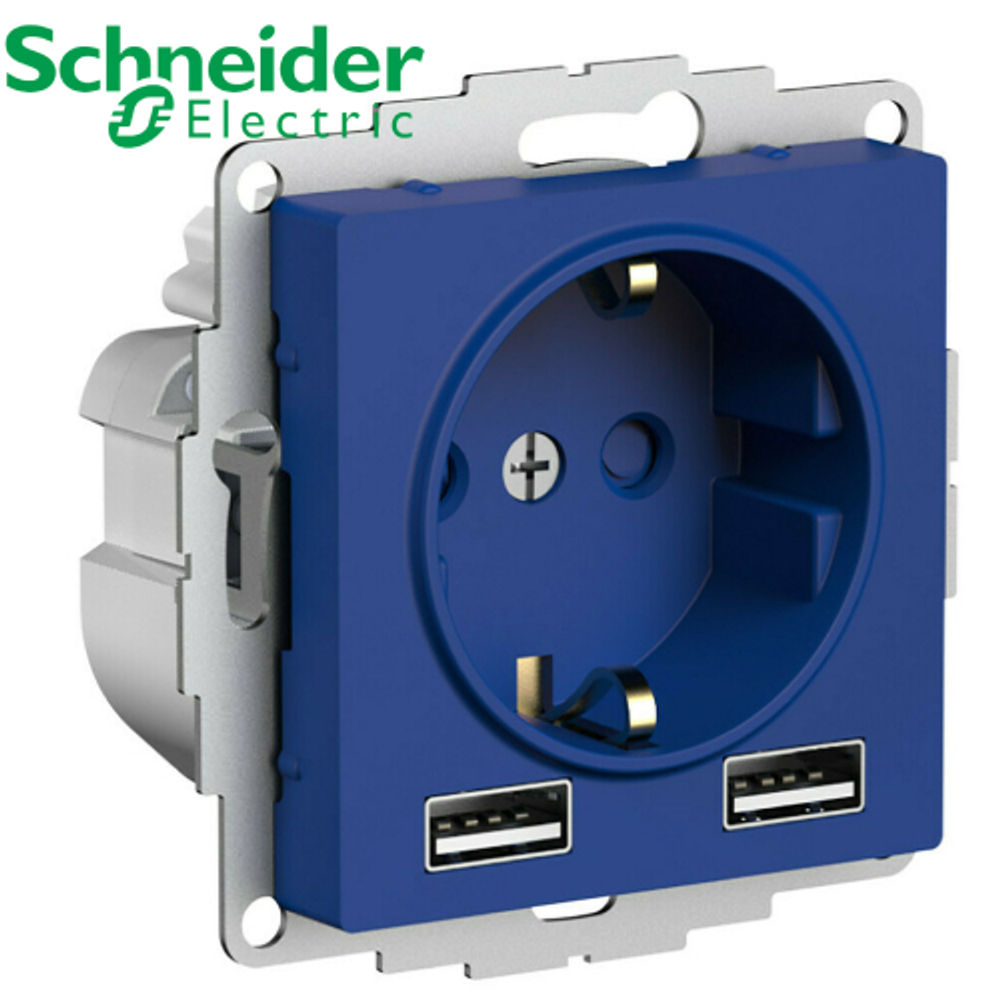 Розетка с/з + 2 USB (аквамарин) AtlasDesign Schneider ATN001130