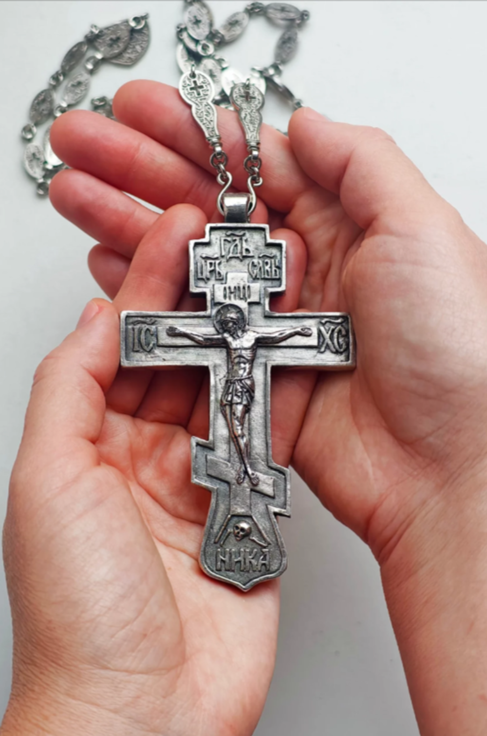 Крест священника “Николаевский” с распятием XXI век (серебрение с новой цепью)