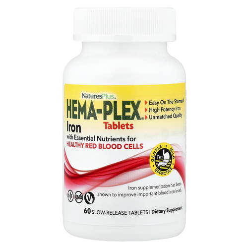 NaturesPlus, Hema-Plex®, железо с незаменимыми питательными веществами для здоровых эритроцитов, 60 таблеток медленного высвобождения