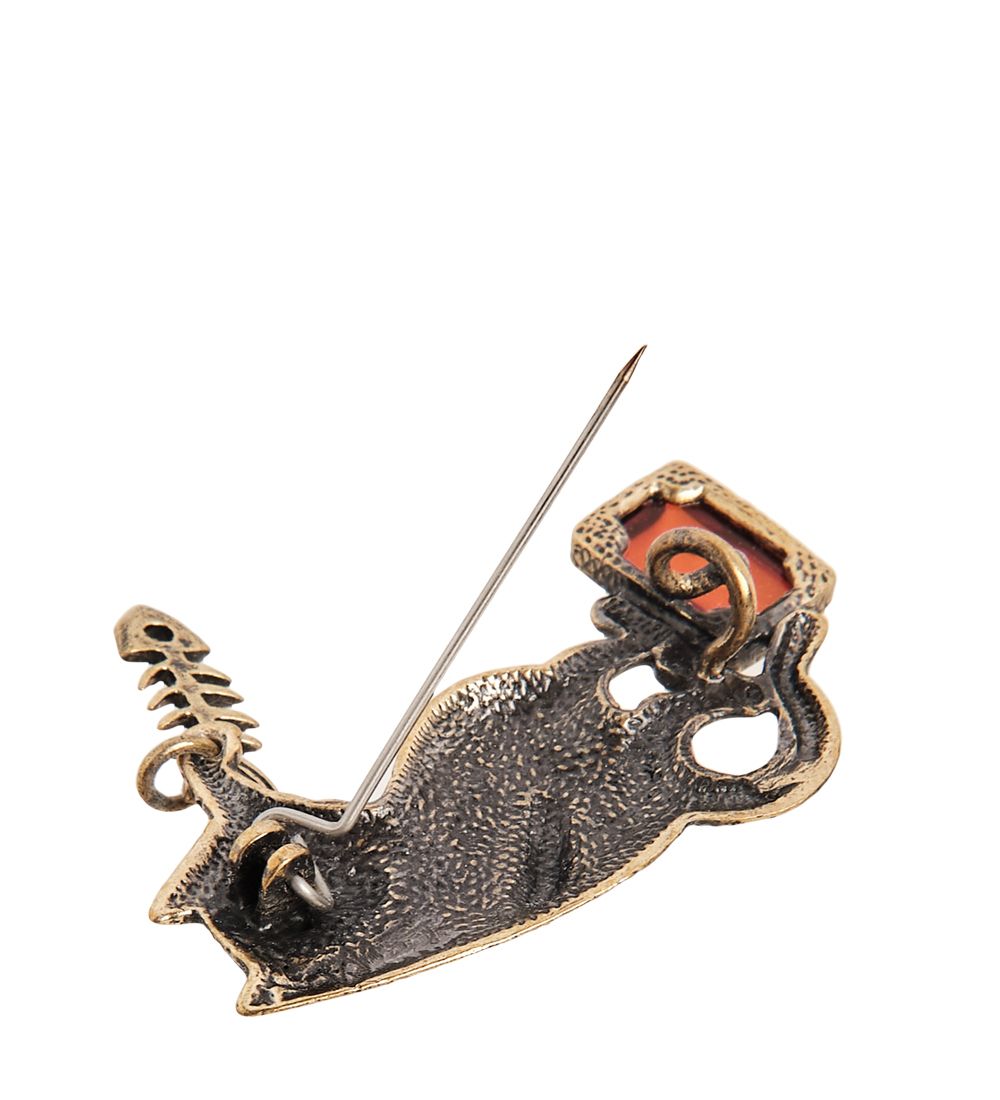 AM- 909 Брошь «Кот Сытый» (латунь, янтарь)