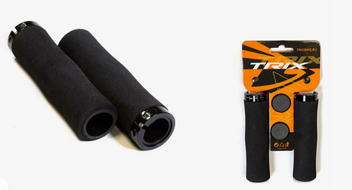 Грипсы TRIX, полиуретановые, 130мм, эргономические, алюминиевые фиксаторы на руль - 2шт., с заглушками руля, черные(100)