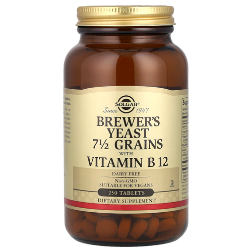 Solgar, пивные дрожжи, 7,5 гран с витамином B12, 250 таблеток