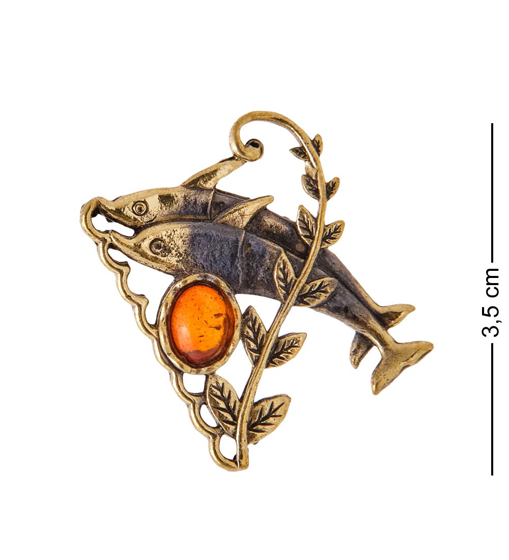 AM-3429 Брошь «Дельфины» (латунь, янтарь)