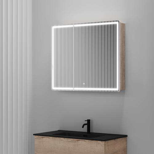 Зеркальный шкаф для ванной комнаты Sancos Mirror 890x150х740 мм, с LED подсветкой, цвет дуб галифакс натуральный, арт. MI90EG