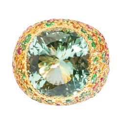 Кольцо с Зеленым Бериллом, Рубинами, Цаворитами и Цветными сапфирами, R0040-4/12