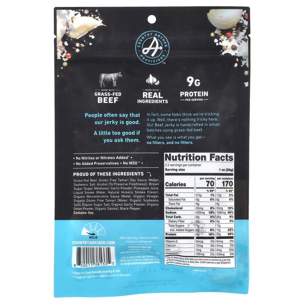 Country Archer Jerky, Вяленое мясо травяного откорма, оригинальное, 71 г (2,5 унции)