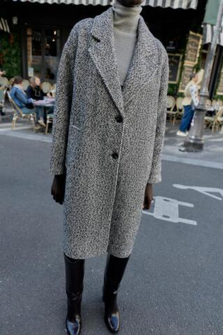 ZARA ПАЛЬТО В ЕЛОЧКУ, БЕЛЫЙ/ЧЕРНЫЙ