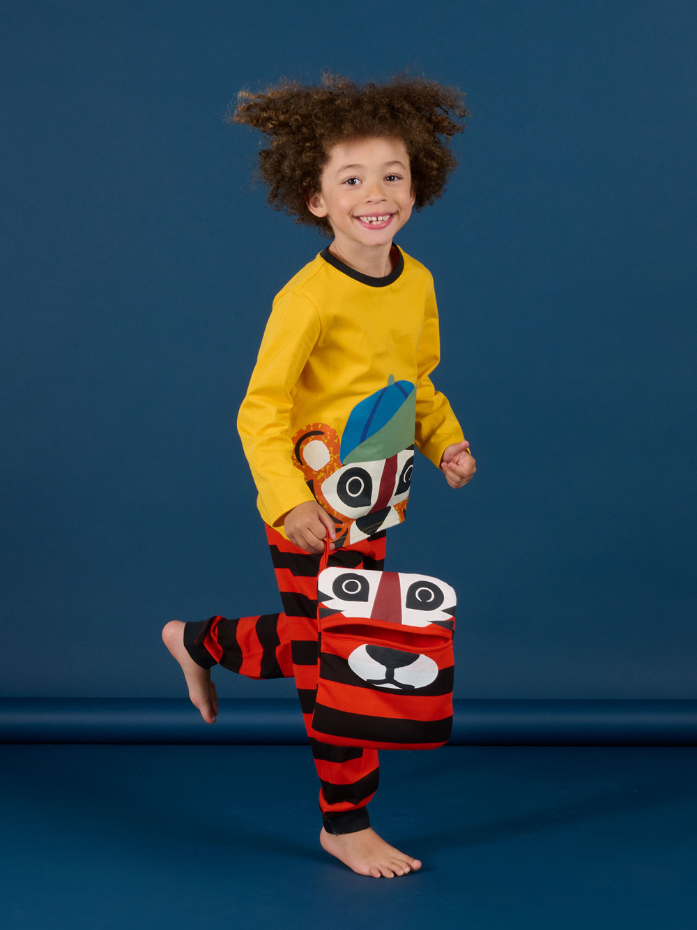 Футболка с длинным рукавом + брюки трикотажные + сумка DPAM Желтый/Оранжевый/Черный/Термопринт: голова тигра (Мальчик)
