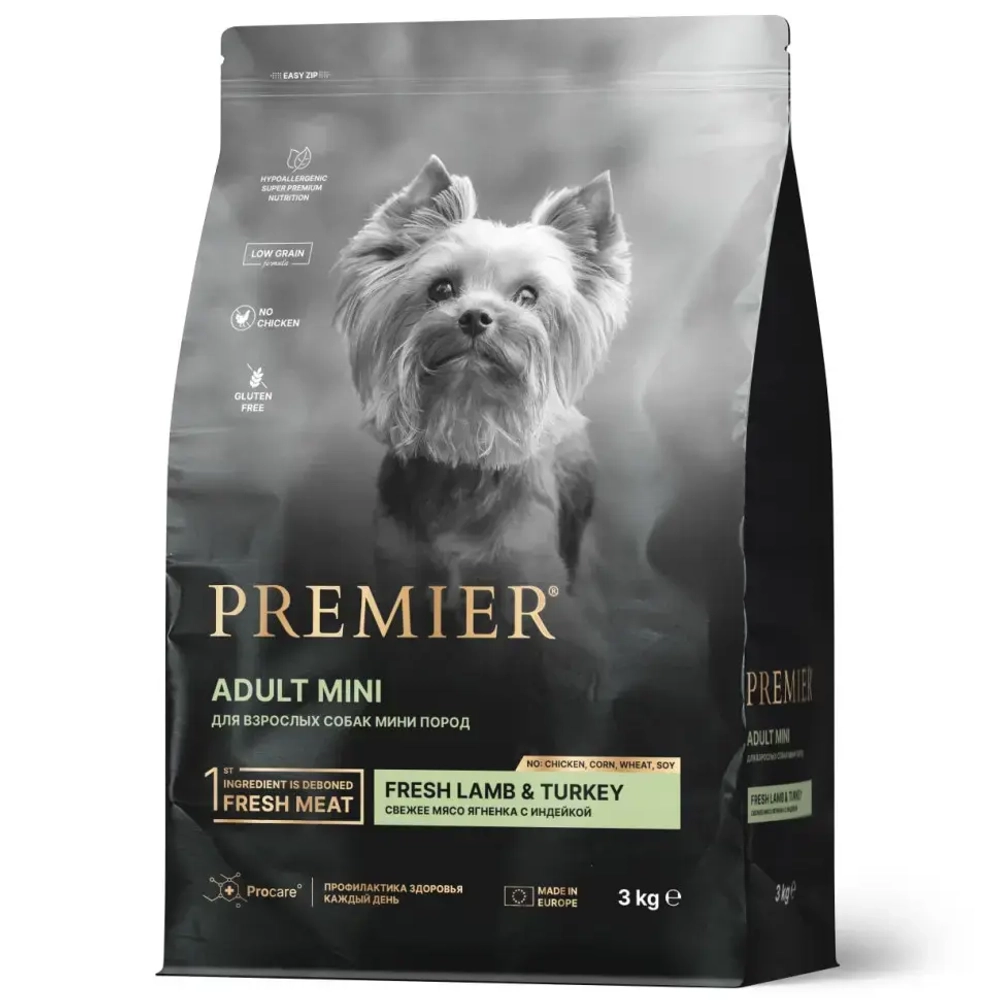 Premier dog lamb & turkey adult mini сухой корм для собак мелких пород, свежее мясо ягненка с индейкой - 3 кг