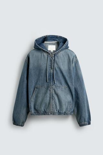 ZARA КУРТКА ИЗ ТКАНИ С ЭФФЕКТОМ ПОТЕРТОСТИ С КАПЮШОНОМ, ВЫЦВЕТШИЙ СИНИЙ
