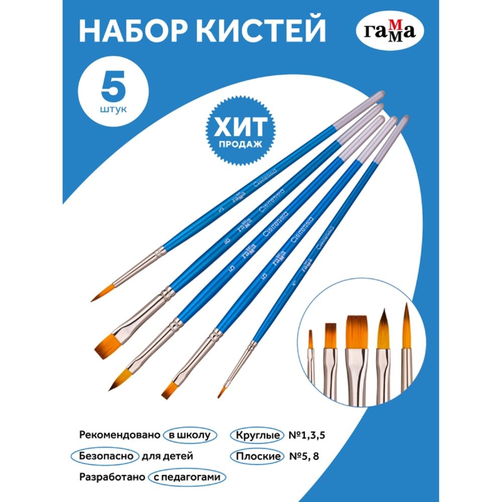 Набор кистей синтетика 5шт (1, 3, 5 кругл., 5, 8 плоск)), Гамма