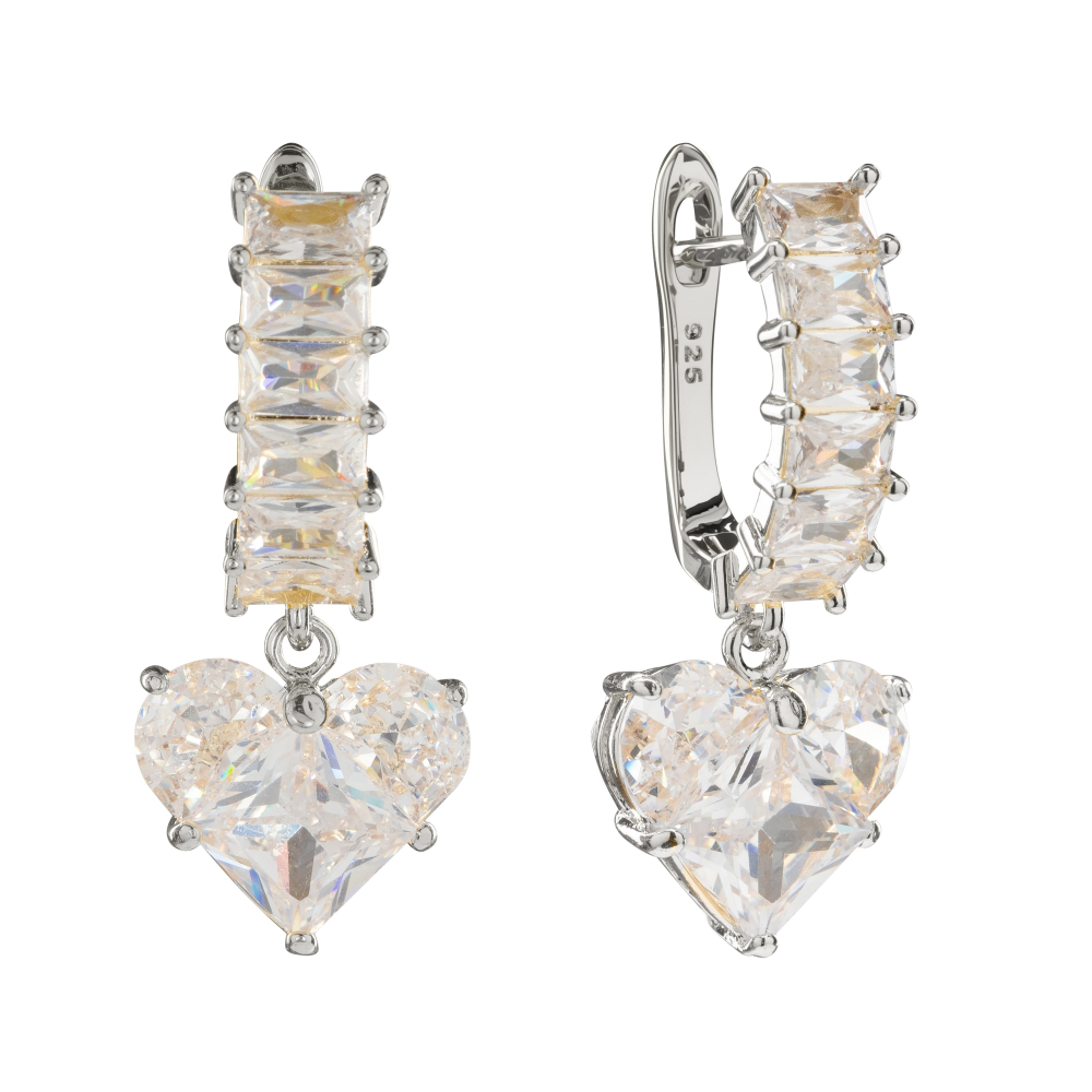 Серьги "Прозрачные фианиты и Сердце", silver