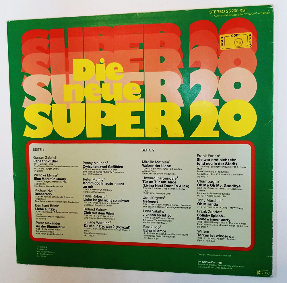 Винтажная виниловая пластинка LP Сборник Die Neue Super 20 (Австрия 1977)