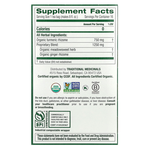 Traditional Medicinals, органическая куркума и имбирь с лабазником, без кофеина, 16 чайных пакетиков в упаковке, 32 г (1,13 унции)