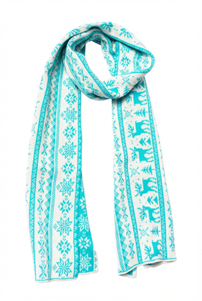 Вязаный шарф бело-бирюзовый с карельскими узорами