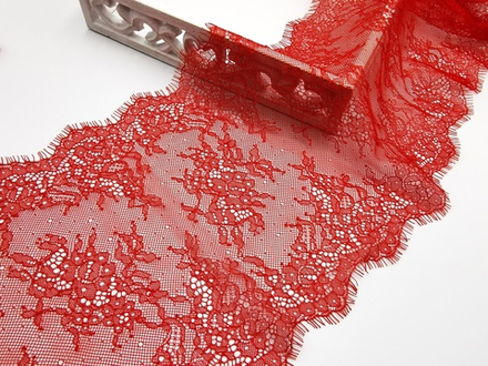 Кружево шантильи, с ресничками, красный, 23 см, купон, SK-2403, купон (3м)