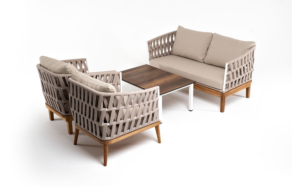 "Диего" лаунж-зона 4-местная плетеная из роупа со столиком "Канны" цвета "дуб", основание дуб, роуп бежевый