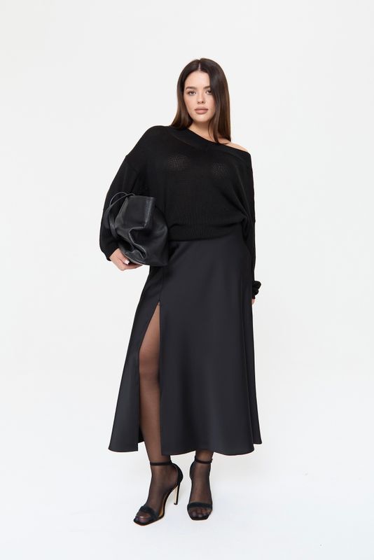 Юбка миди из атласа с разрезом, черный