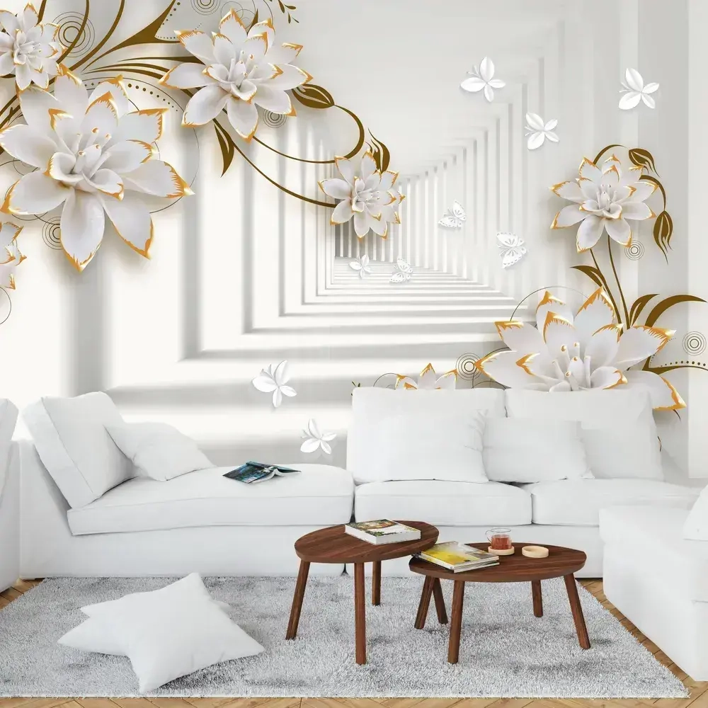 Фотообои на стену "Объемный проход украшенный авантажными цветами" 300х270см / виниловые на флизелиновой основе