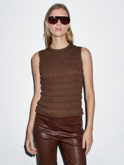 Massimo Dutti Топ из смесовой хлопковой ткани со сборками, коричневый