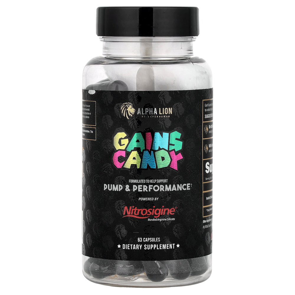 ALPHA LION, Gains Candy, Nitrosigine®, 63 капсулы (500 мг в 1 капсуле)