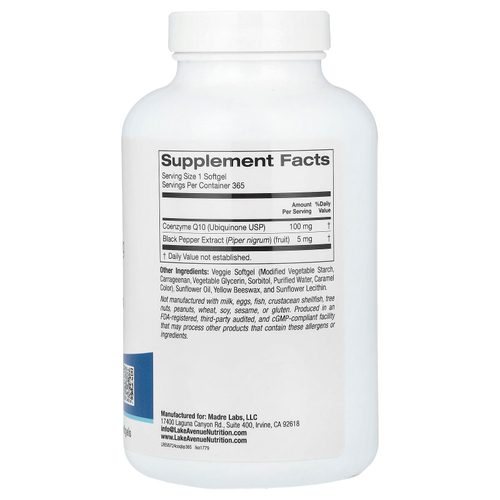 Lake Avenue Nutrition, CoQ10 Plus BioPerine, 100 мг, 365 растительных капсул