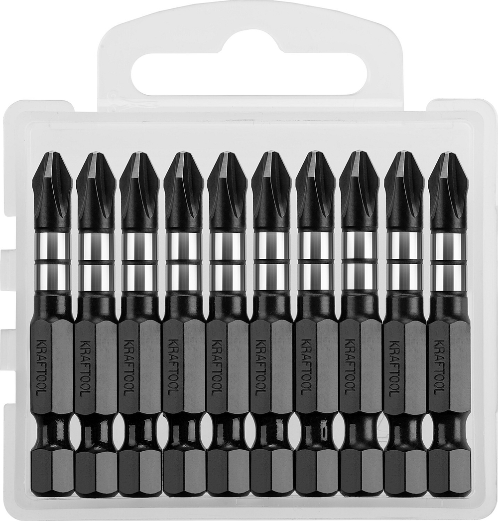 Биты KRAFTOOL Impact Pro, Philips, тип хвостовика E 1/4″, PH2, 50мм, 10шт, в пластиковом боксе