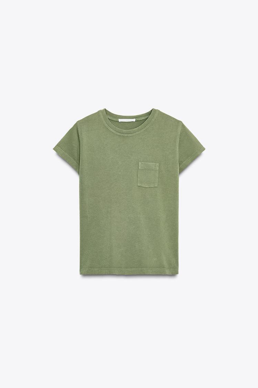 ZARA ФУТБОЛКА ИЗ ТКАНИ С ЭФФЕКТОМ ПОТЕРТОСТИ С КАРМАНОМ, ЗЕЛЕНЫЙ