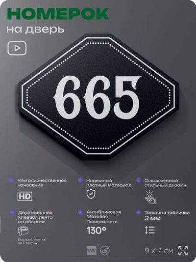 Номерок на дверь квартиры 665, для кабинета, офиса, шильдик 9 х 7 см, черный, Айдентика Технолоджи