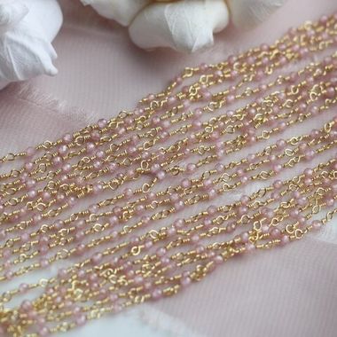 Цепочка с розовыми цирконами, 2 мм, позолота, 33 см, А617-1 (33см)