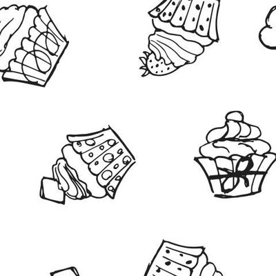 кексы в корзинках с декором клубники и шоколада, нарисованные черными линиями