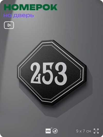 Номерок на дверь квартиры 253, для кабинета, офиса, шильдик 9 х 7 см, черный, Айдентика Технолоджи