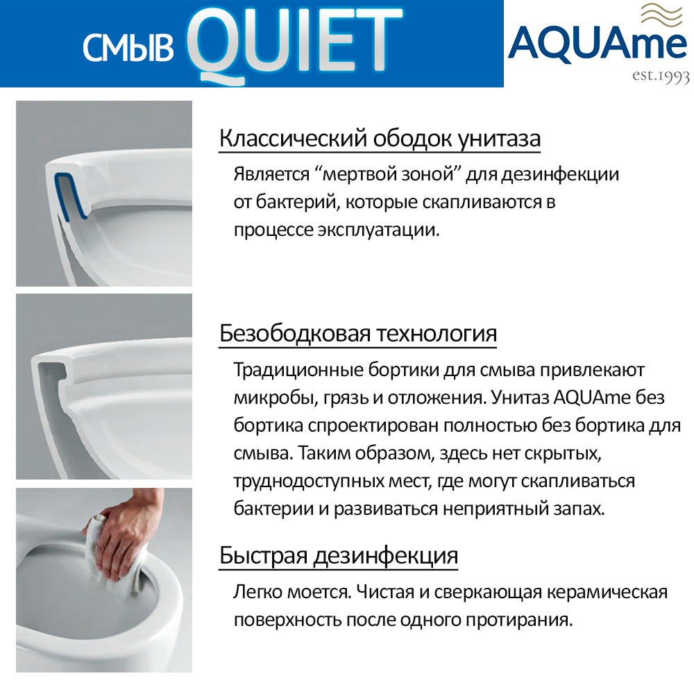 AQM2010 Унитаз подвесной сиденье SoftClose, технология смыва QUIET, скрытый крепеж. 520х360х410