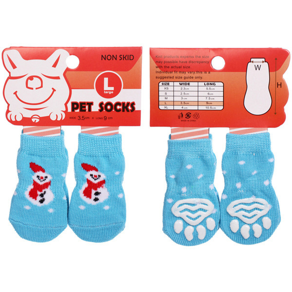 Носочки для животных «LAPUSIK», принт Снеговичок, цвет голубой, размер l, 3,5см