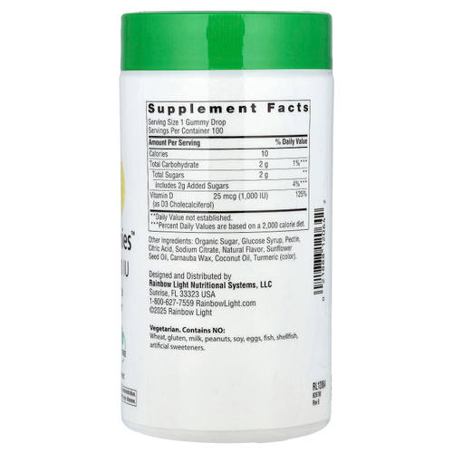Rainbow Light, Sunny Gummies ™, витамин D3, вкусный лимон, 25 мкг (1000 МЕ), 100 жевательных таблеток