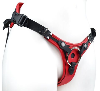 Красно-черный женский пояс с 2 способами крепления насадок и вагинальной пробкой (Цвет: красный с черным)