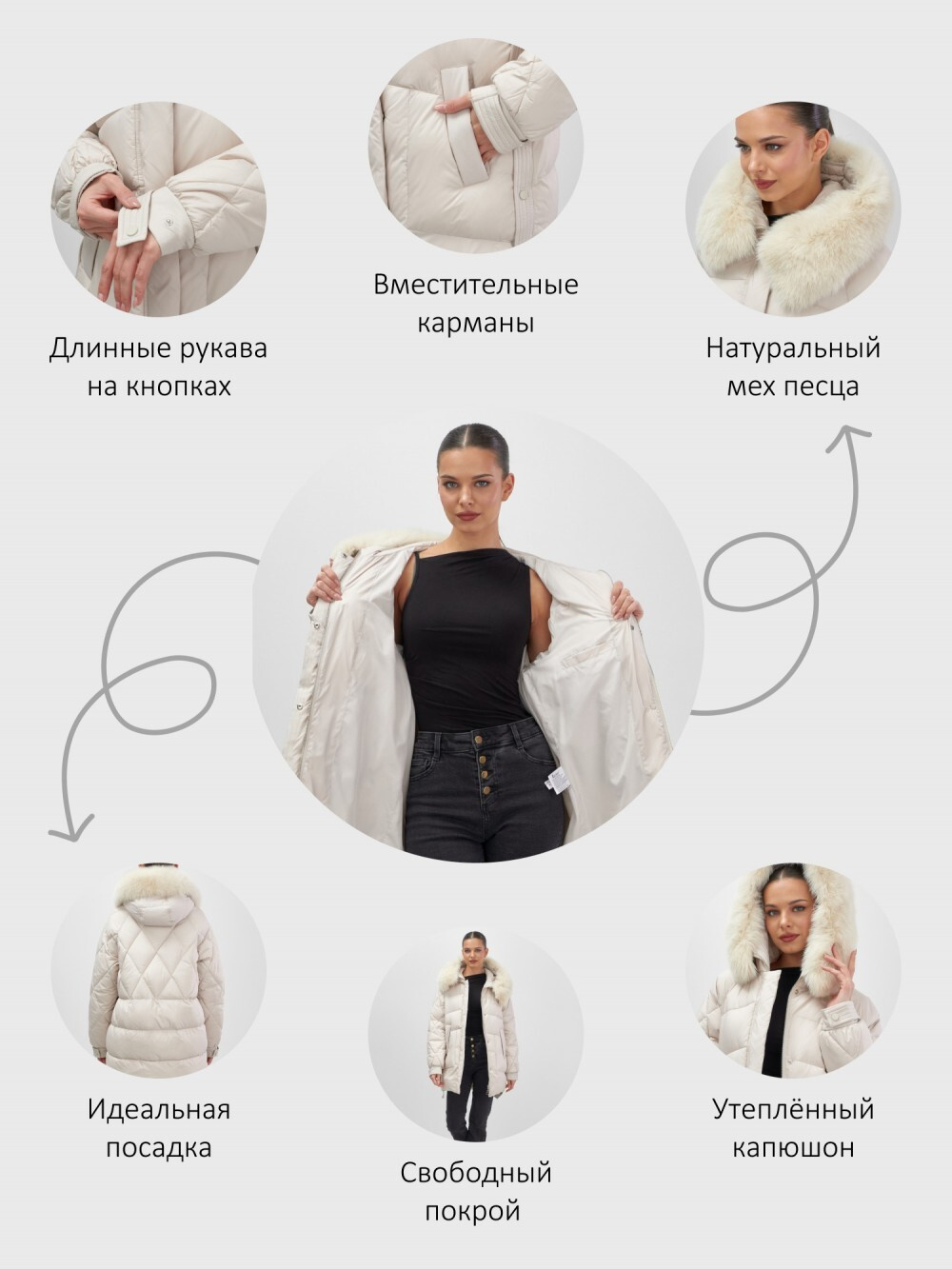 Куртка зимняя женская с мехом и капюшоном тренд бежевого цвета 7608B