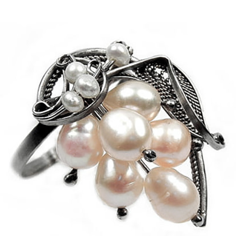 Кольцо "Гроздь" жемчуг кремовый, скань асс.