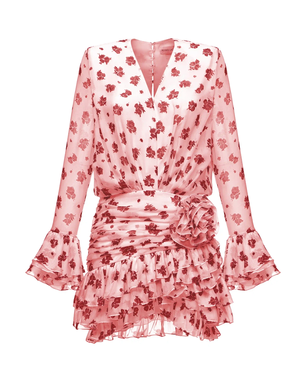 Mira, платье мини из светло-розового шифона с цветочным принтом, с розой