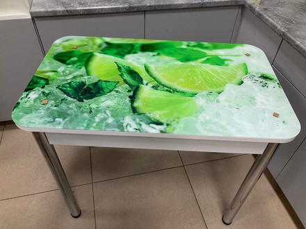 Стол неразд Прямоугольный подстолье прямое хром Царг.пояс белый Ст-ца лайм 2 ф/п стекло (белая)