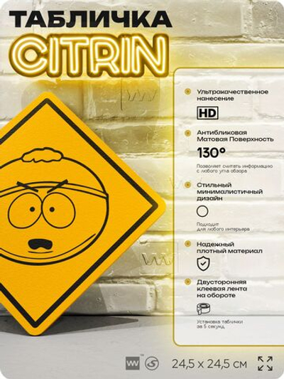 Табличка декоративная "Картман" из сериала Южный парк, South Park на дверь и стену, прикольная штука в подарок фанату, декоративный знак, 24,5х24,5 см, серия CITRIN / ЦИТРИН, Айдентика Технолоджи